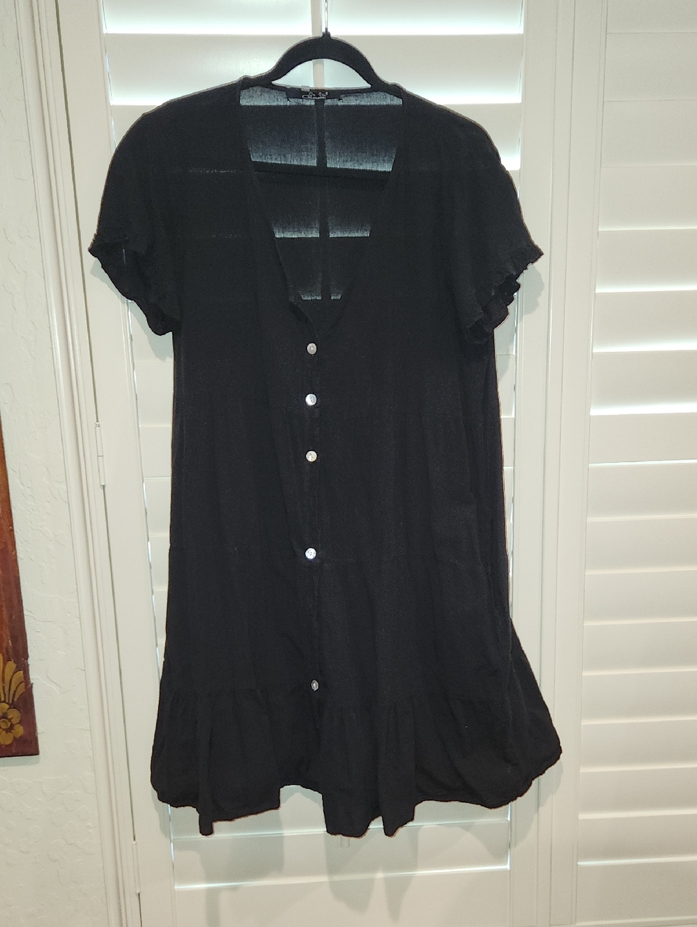 Black V-Neck Button-Front Short Sleeve Dress, Size LG